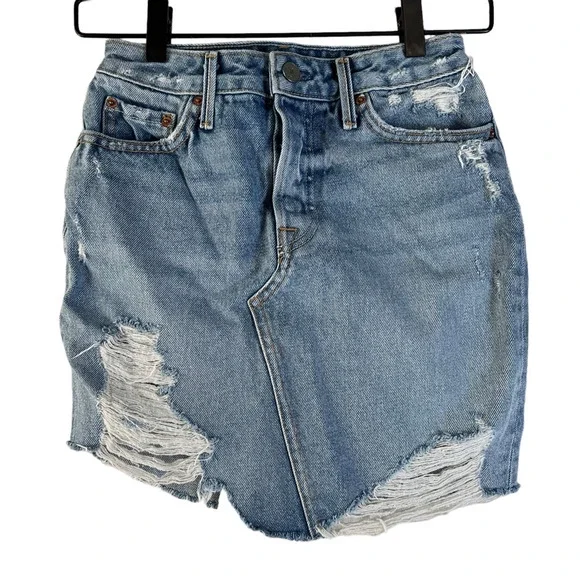 Grlfrnd Denim Rhoda Mini Skirt Blue Distressed Denim 5-Pockets USA 24 New - Picture 1 of 7